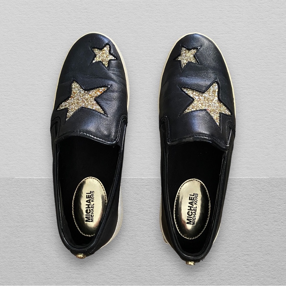 Michael Kors Black leather slip-on sneakers with gold glitter stars - Size 6M
